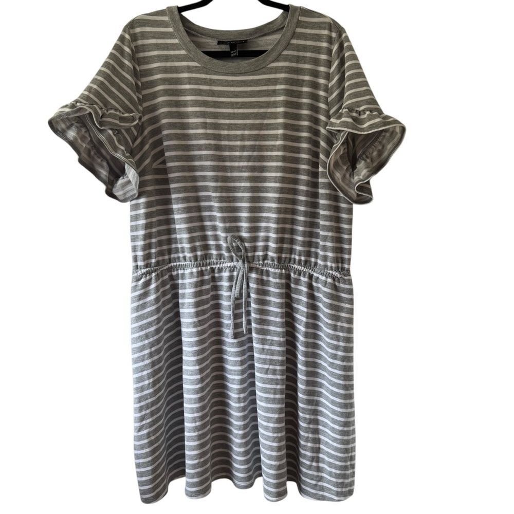 LANE BRYANT Size 18-20 Striped Gray White Casual Ruffle sleeves Shirt Dress - Picture 3 of 9